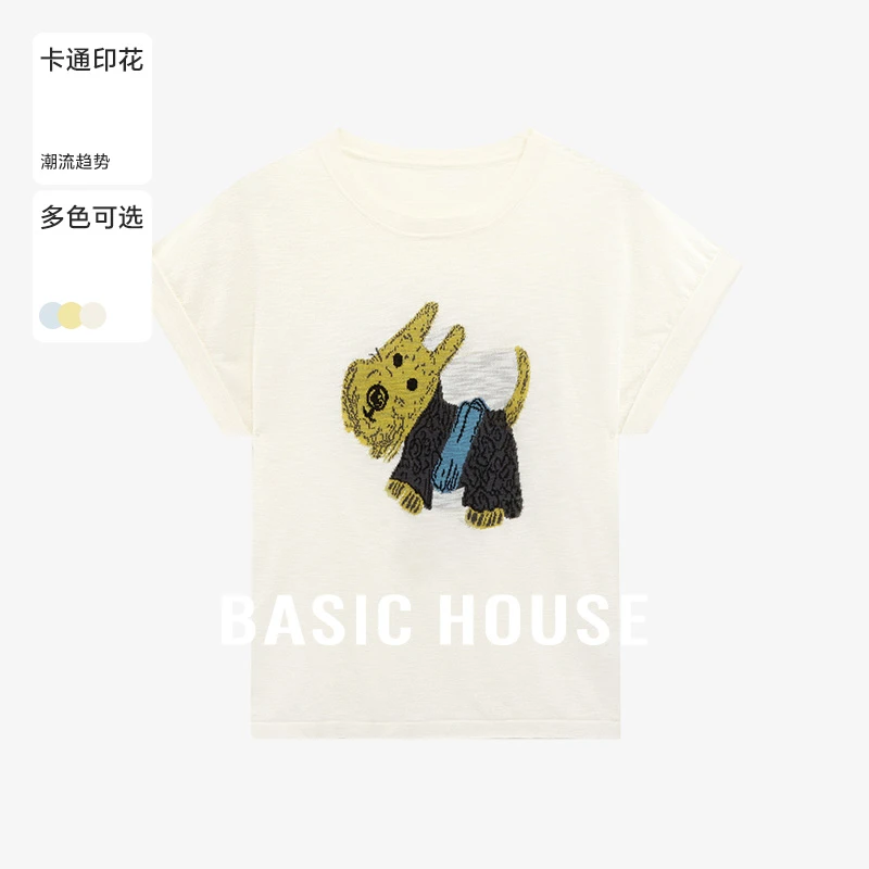 Basic House/百家好夏季时尚百搭卡通印花短袖针织衫-B0625B5ARP2