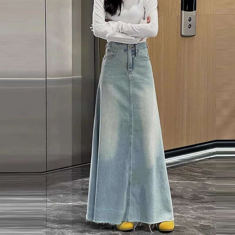 小个子梨形身材高腰A字女款牛仔裙夏薄款宽松显瘦中长款a字半身裙