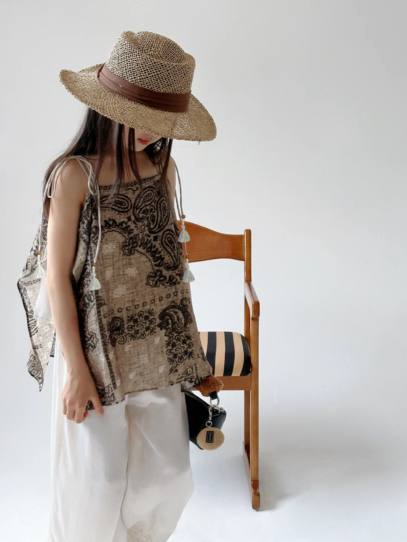 『波嬉风』小众设计师天丝麻佩斯利晕染立裁不规则吊带 亲子