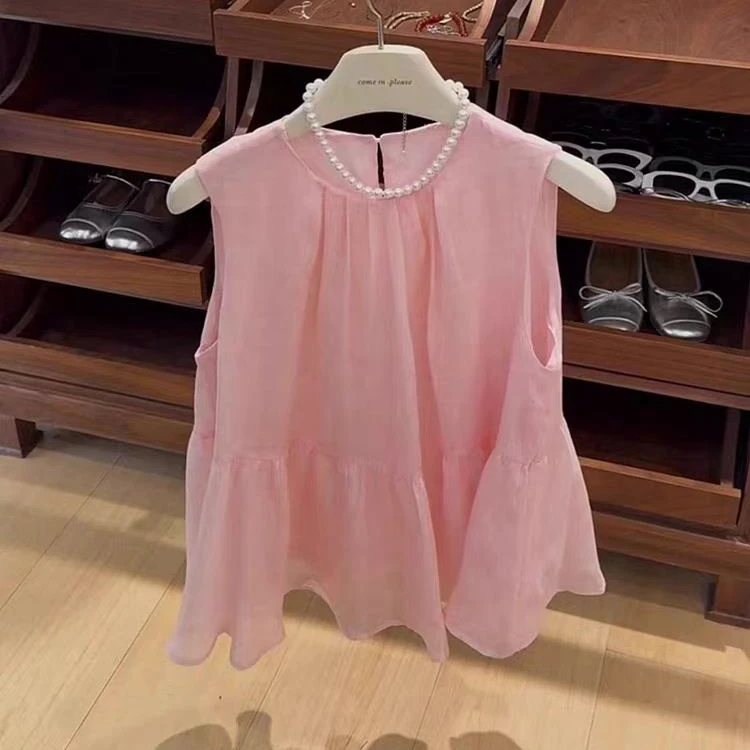 粉色温柔甜美减龄无袖背心T恤女2025年夏季新款别致漂亮休闲上衣