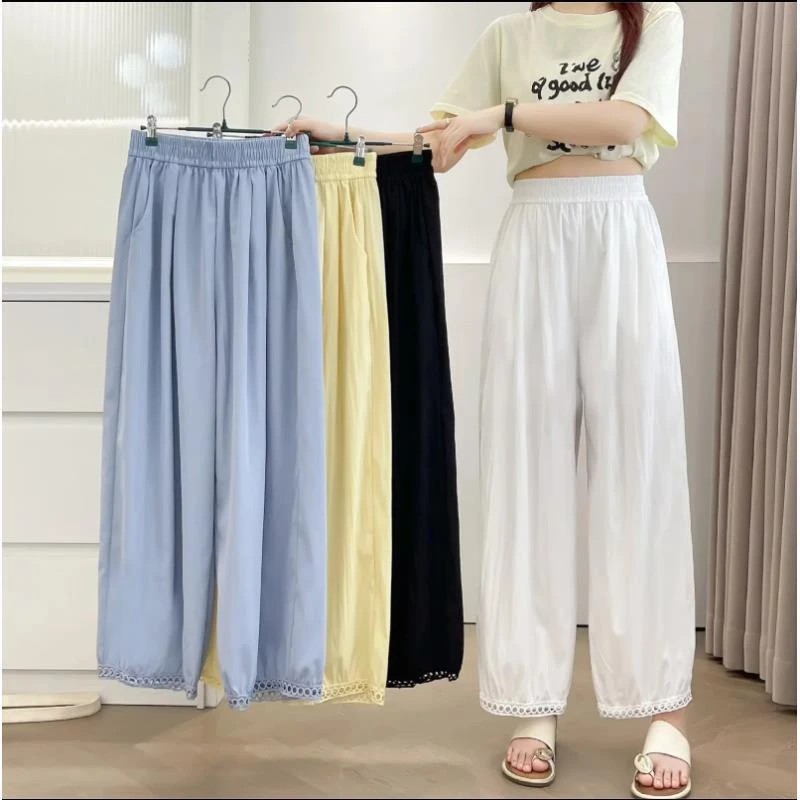 裤长86-89 夏季清凉感裤子松紧腰镂空花边灯笼裤宽松显瘦休闲裤女