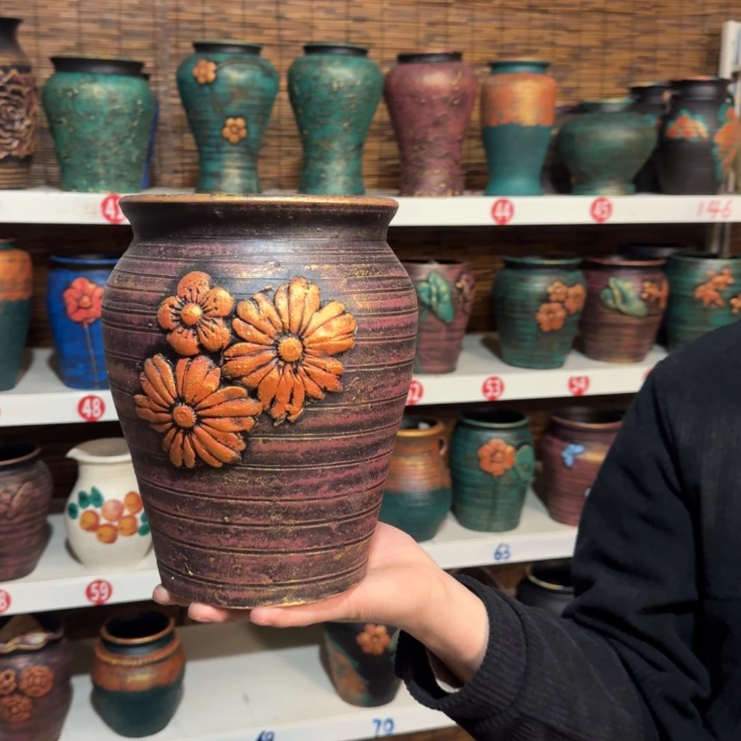 红陶红陶浮雕花盆炸炸炸