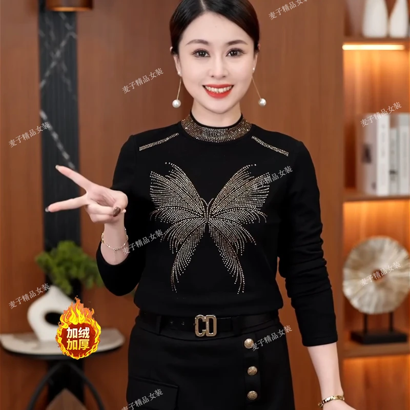 加绒加厚半高领烫钻打底衫洋气百搭秋冬显瘦遮肉小衫时尚妈妈装