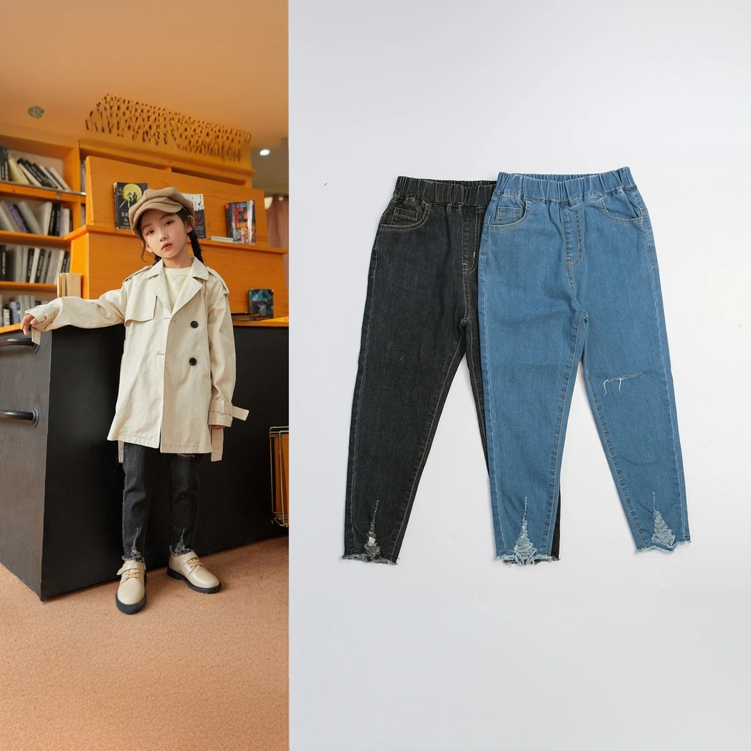 春季新品设计师磨破牛仔九分紧身裤4122022272