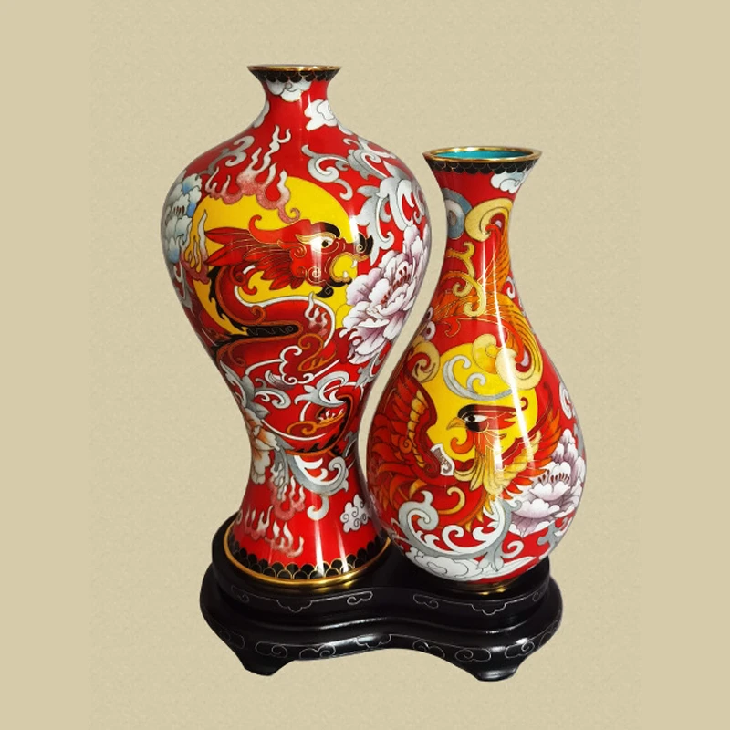 景泰蓝 龙凤呈祥情侣对瓶（大瓶高约25cm 小瓶高约21cm）