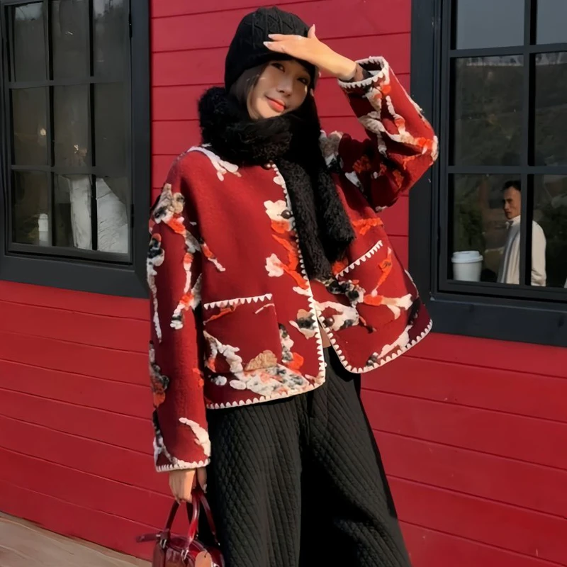 新年战袍冬季新中式国风红色印花加厚外套阔腿裤盐系轻熟两件套装