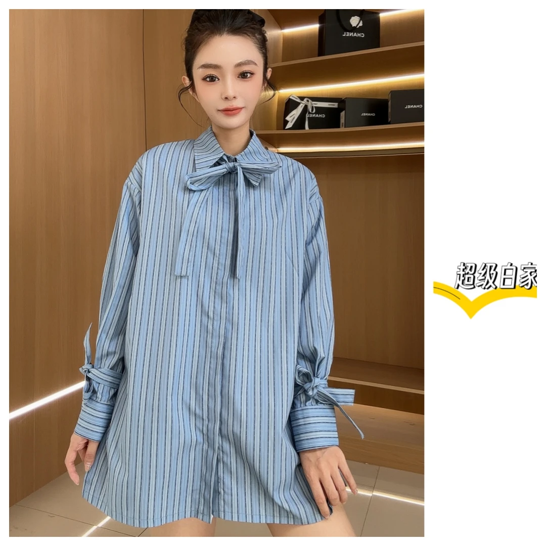 欧货设计感蝴蝶结系带条纹显白中长款衬衫上衣牛仔小众衬衣25134