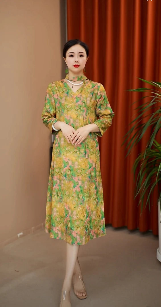 花艺YJ13076妈妈装气质中长款连衣裙