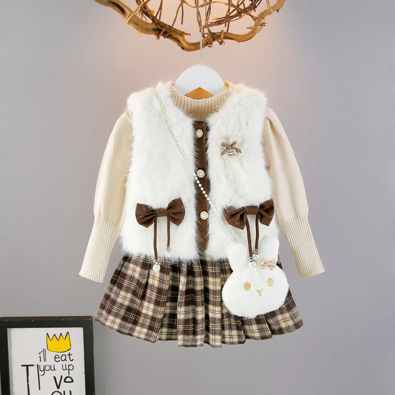 女童套装秋冬季2025新款儿童洋气仿皮草马甲三件套小女孩宝宝衣服