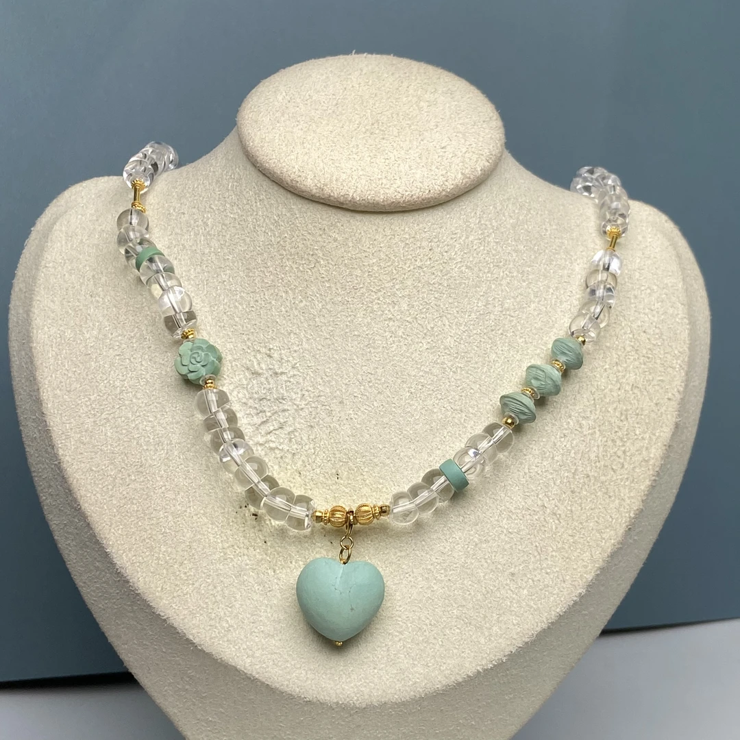 原矿绿松石爱心项链chocker 水晶大肠项链45cm