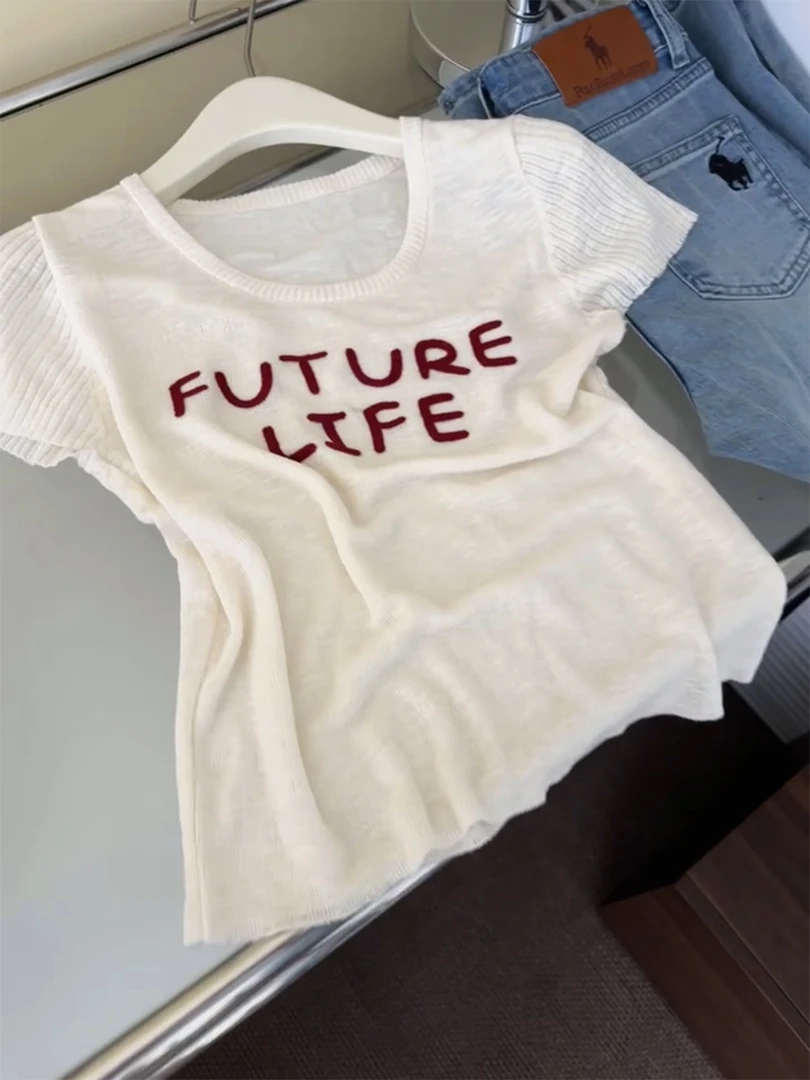 休闲百搭甜辣风短袖t恤女装夏季时尚设计感针织内搭掐腰显瘦上衣