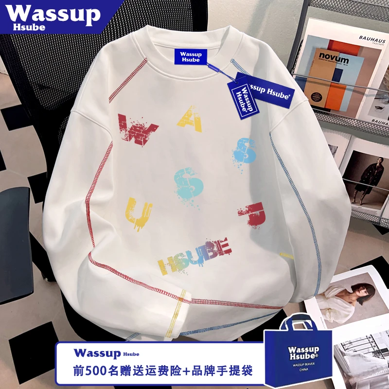 WASSUP HSUBE秋季100%纯棉长袖彩色字母印花T恤ins拉线男女款上衣