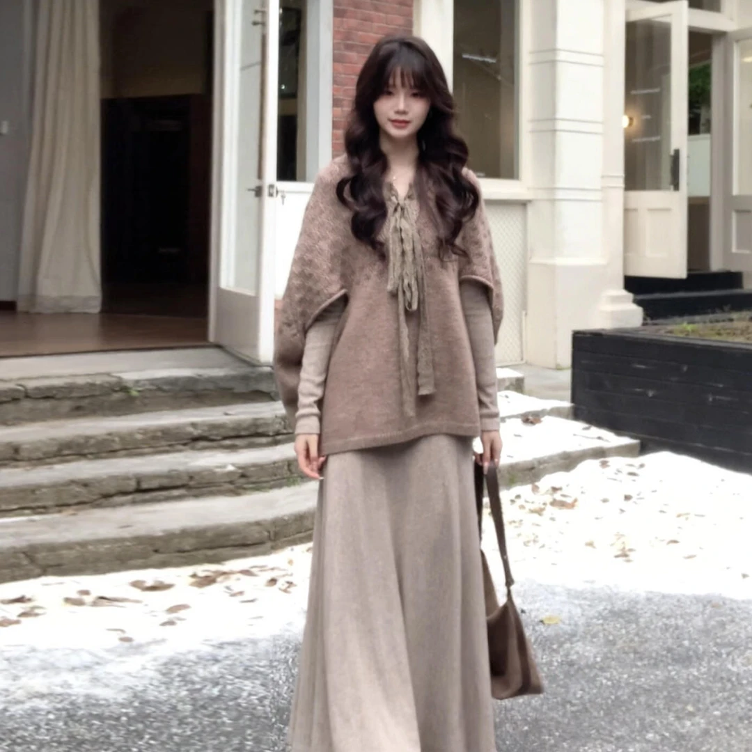 韩系复古氛围感斗篷外套女秋冬宽松显瘦针织连衣裙千金风两件套装