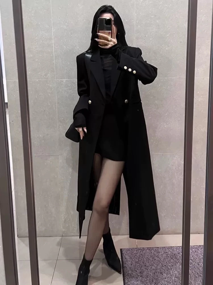 新款黑色中长款气质风衣高级感秋季设计感显瘦长款西装大衣外套