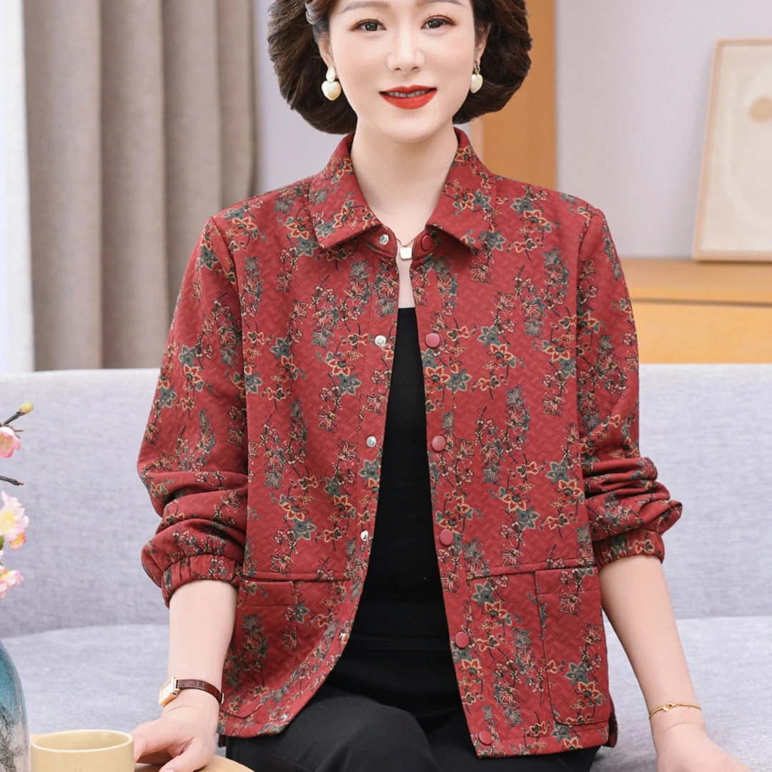 时尚妈妈翻领花色短外套女2025春秋中老年大码宽松洋气印花夹克
