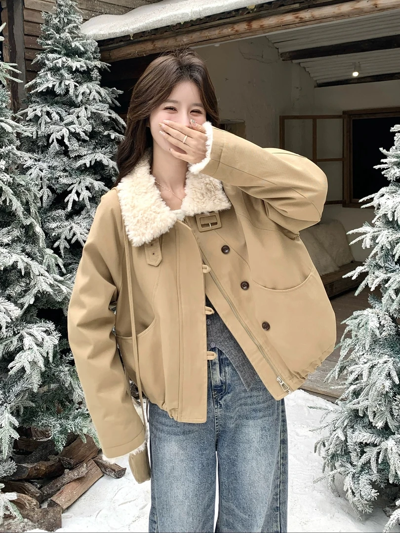 《送运费险》上衣韩版保暖冬季秋季毛绒秋冬翻领短外套字母立领女