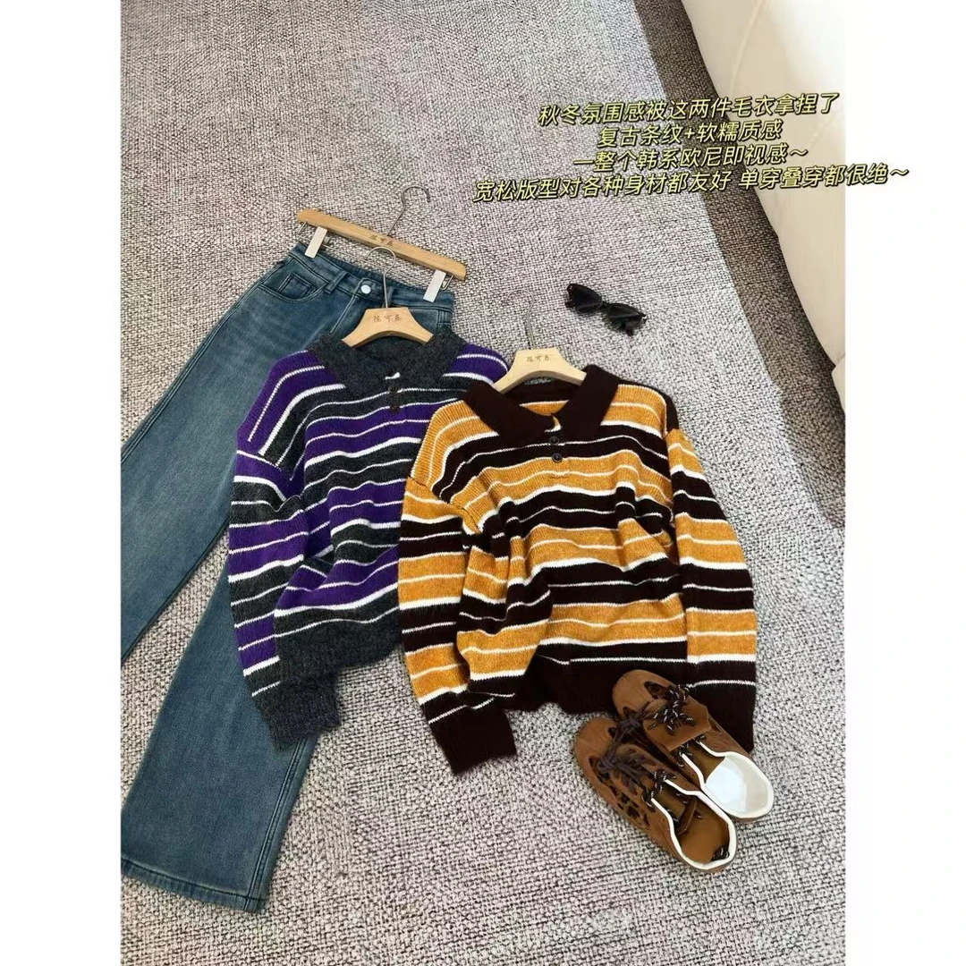 条纹POLO领毛衣女秋冬新款冬季针织上衣-M3775