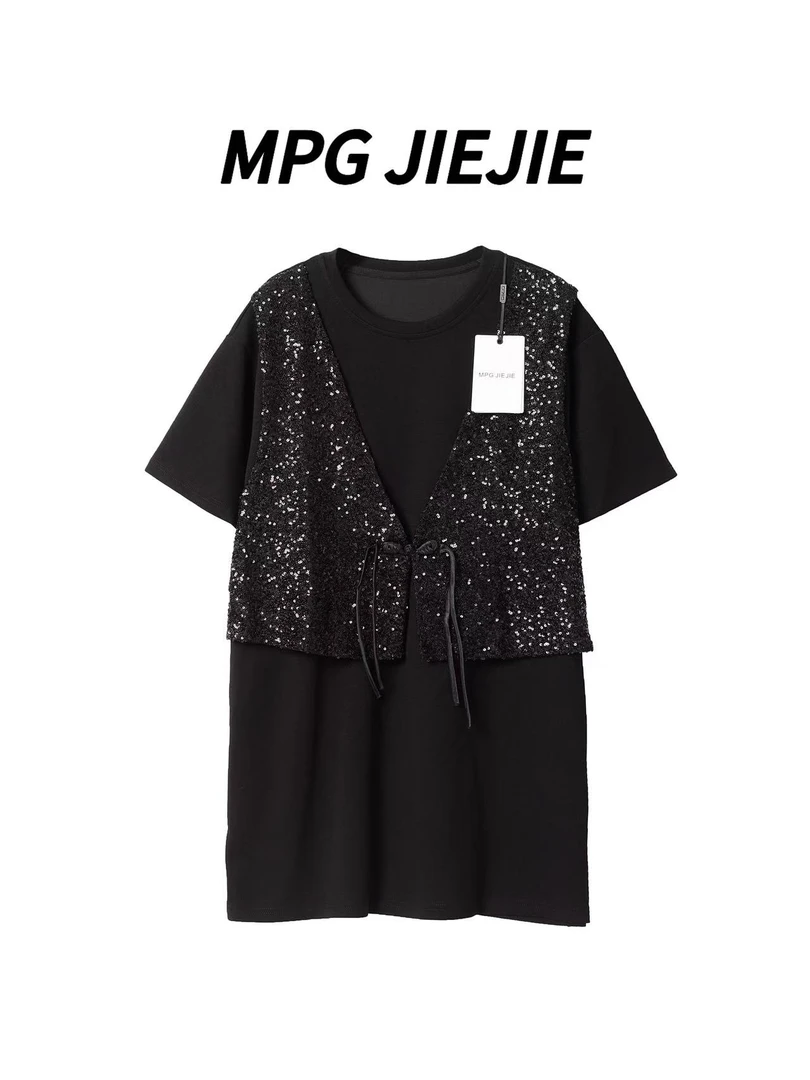 MPG JIEJIE【扣间流光】25春夏国风盘扣假两件短袖宽松大版T恤裙