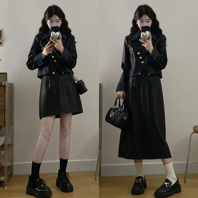 大码胖mm秋季新款赫本风皮质小香风气质假两件上衣半身裙两件套装