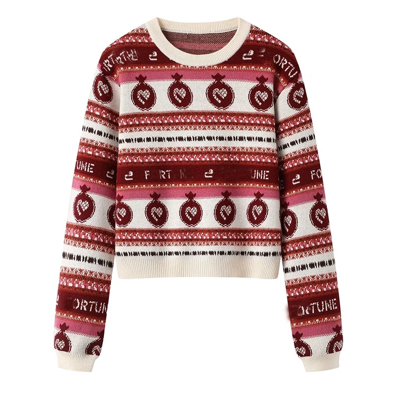 8150撞色图案条纹提花圆领针织衫女2025春季新款长袖针织上衣服