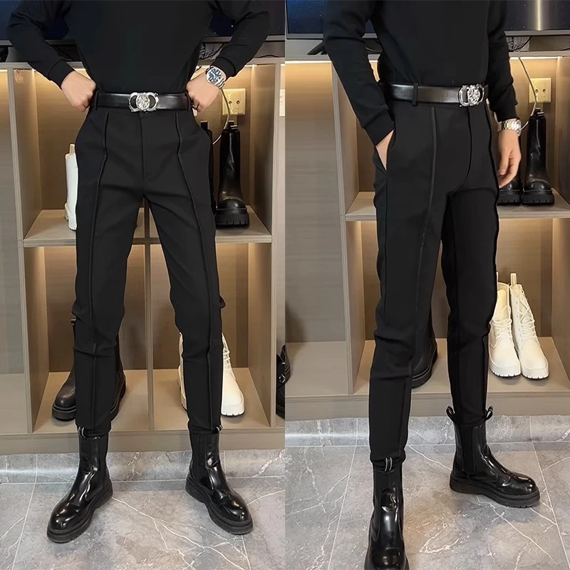 新款春秋高级感束脚西裤原创设计小脚工装裤百搭休闲个性黑色男裤