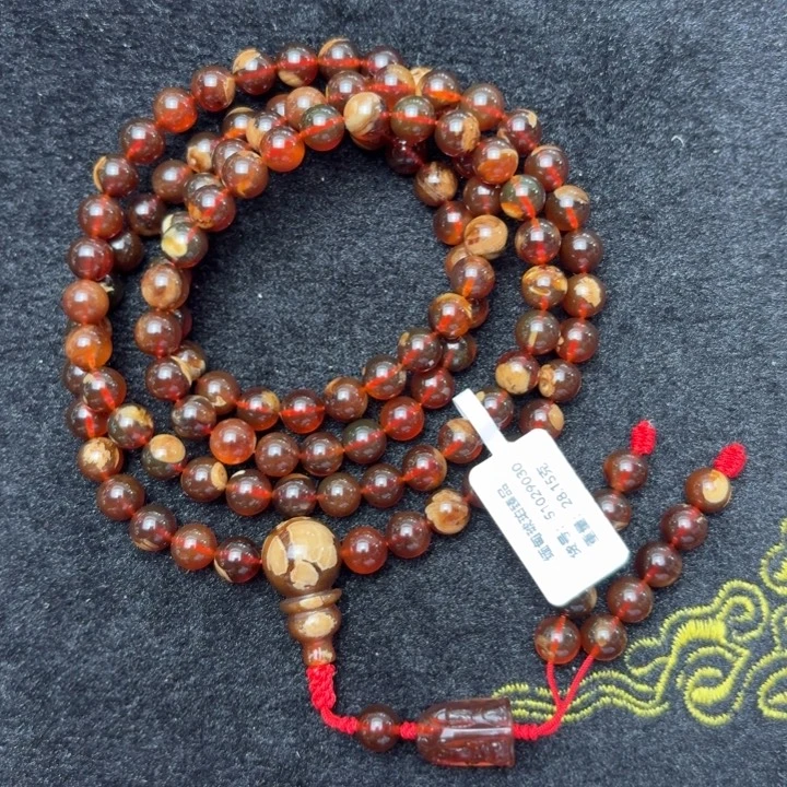 琥珀未镶嵌珠宝奇石7.3mm红糖色蜜奶油白根蜡飘花套链