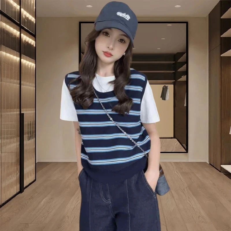 条纹t恤女2025夏季新款宽松圆领假两件减龄短袖针织条纹撞色上衣