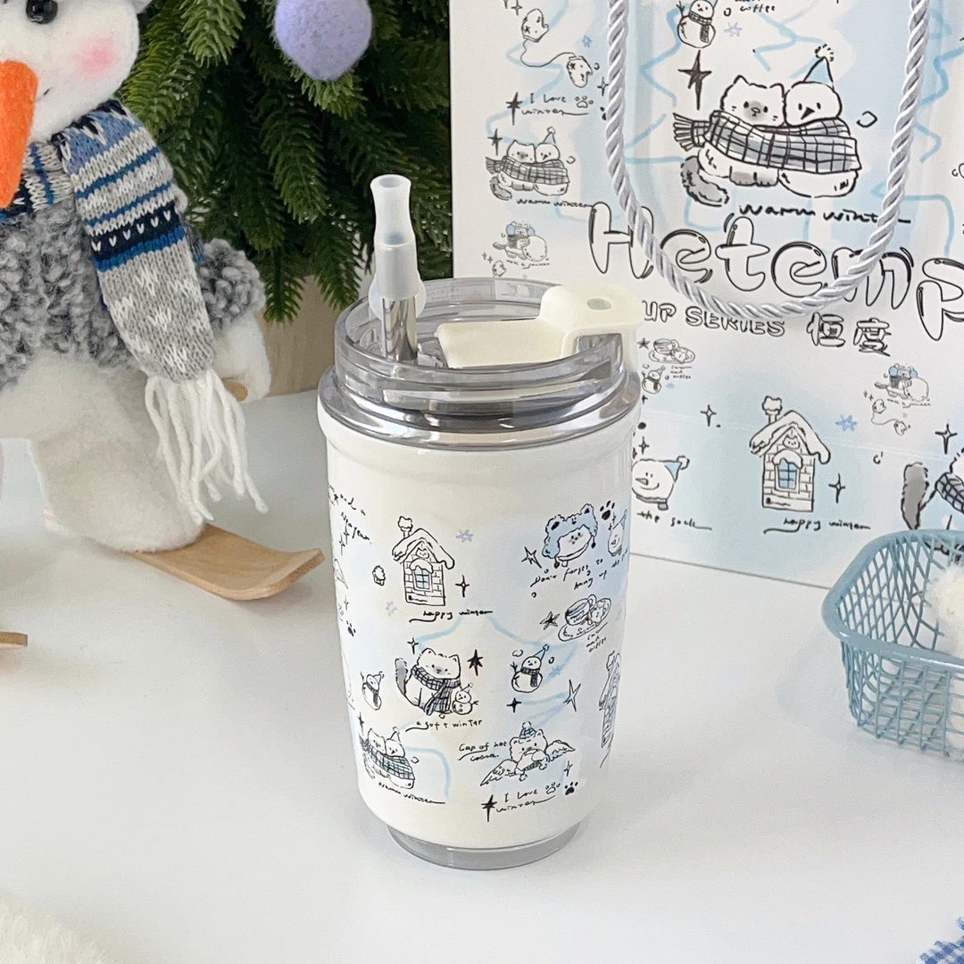 恒度2025新年雪人猫咪不锈钢学生保温杯颜值少女小巧吸管咖啡杯子