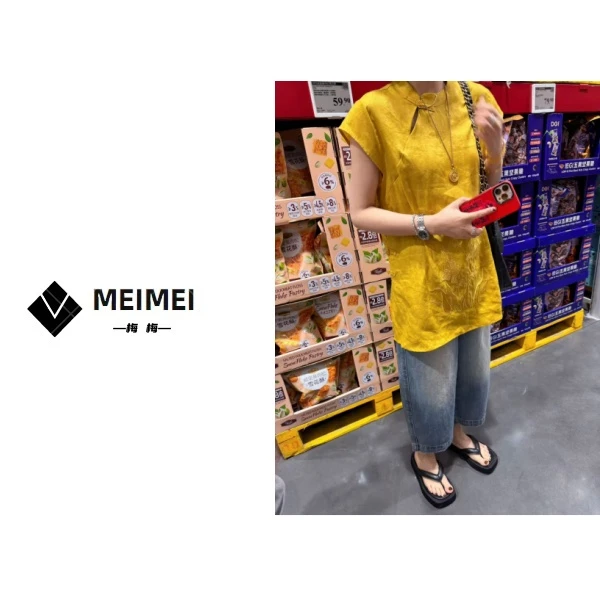 XMM.《侧扣百分百亚麻国风新中式兰花刺绣》夏季时尚潮流百搭HZ2663