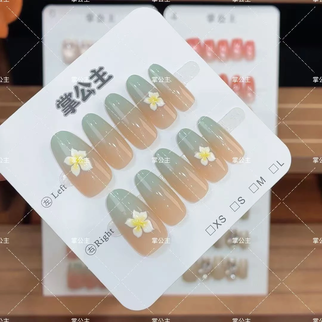 【掌公主-A24】清新薄荷百合花预制手工甲片可拆卸