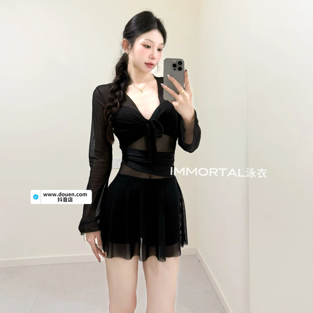 IMMORTAL连体黑色泳衣高级感遮肚显瘦钢托度假温泉纯欲风露背泳衣