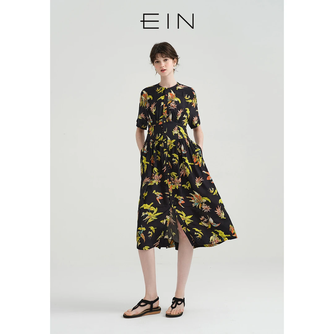 EIN/言文艺热带雨林印花桑蚕丝收腰碎褶圆领短袖连衣裙25秋季款