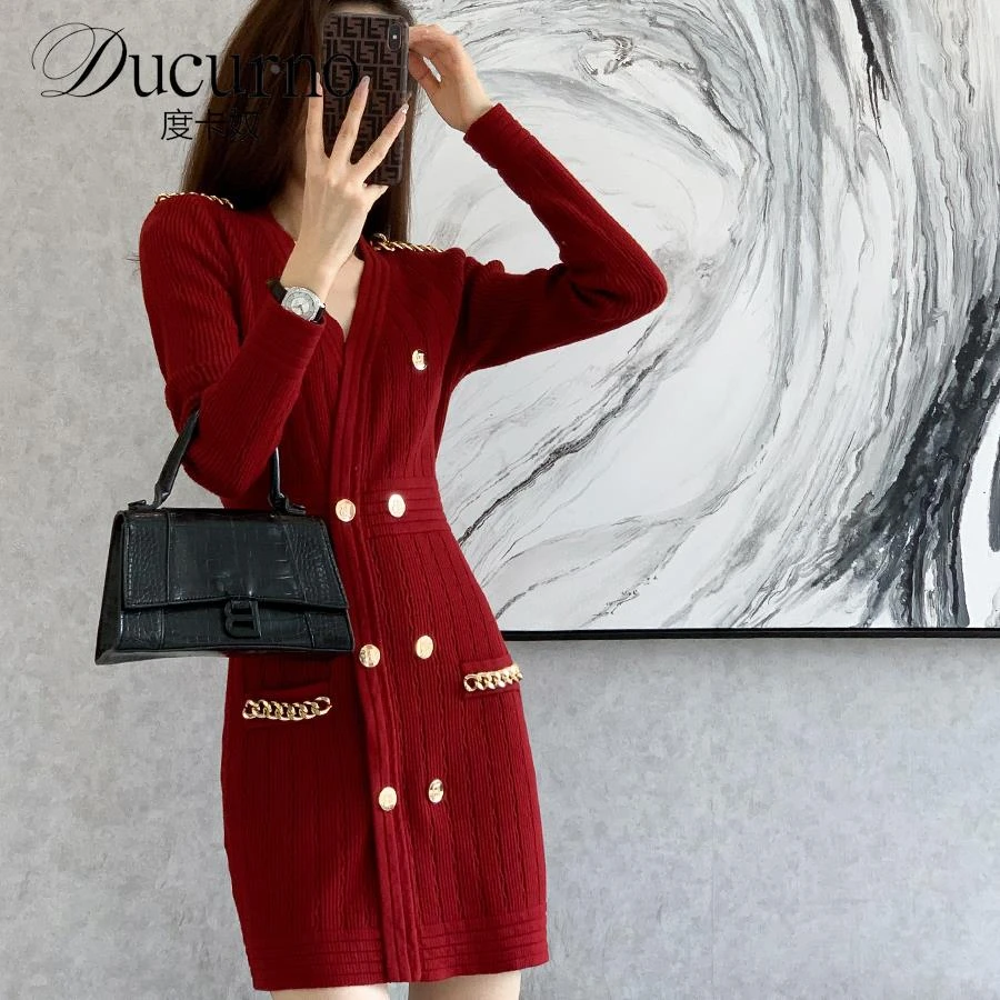 花呢风格针织红色连衣裙女2025秋季复古名媛法式时尚气质包臀裙子