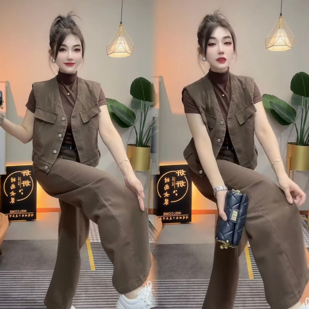 2025早秋新款时尚牛仔套装复古高腰阔腿裤肩扣牛仔马甲两件套爆款