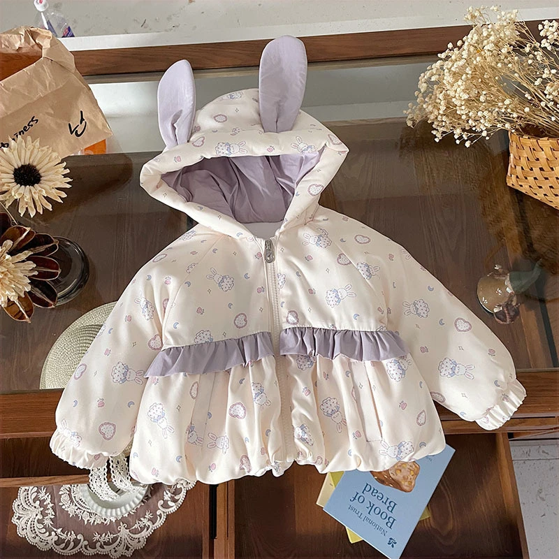女童加绒夹棉外套秋冬兔耳连帽保暖棉服外套