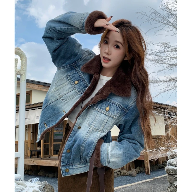 冬日氛围感穿搭加绒加厚牛仔外套渐变洗水复古百搭短外套2269