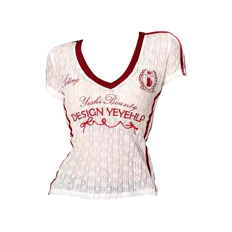 微胖美式纯欲风微透蕾丝刺绣T恤女夏季短袖修身显瘦辣妹百搭上衣