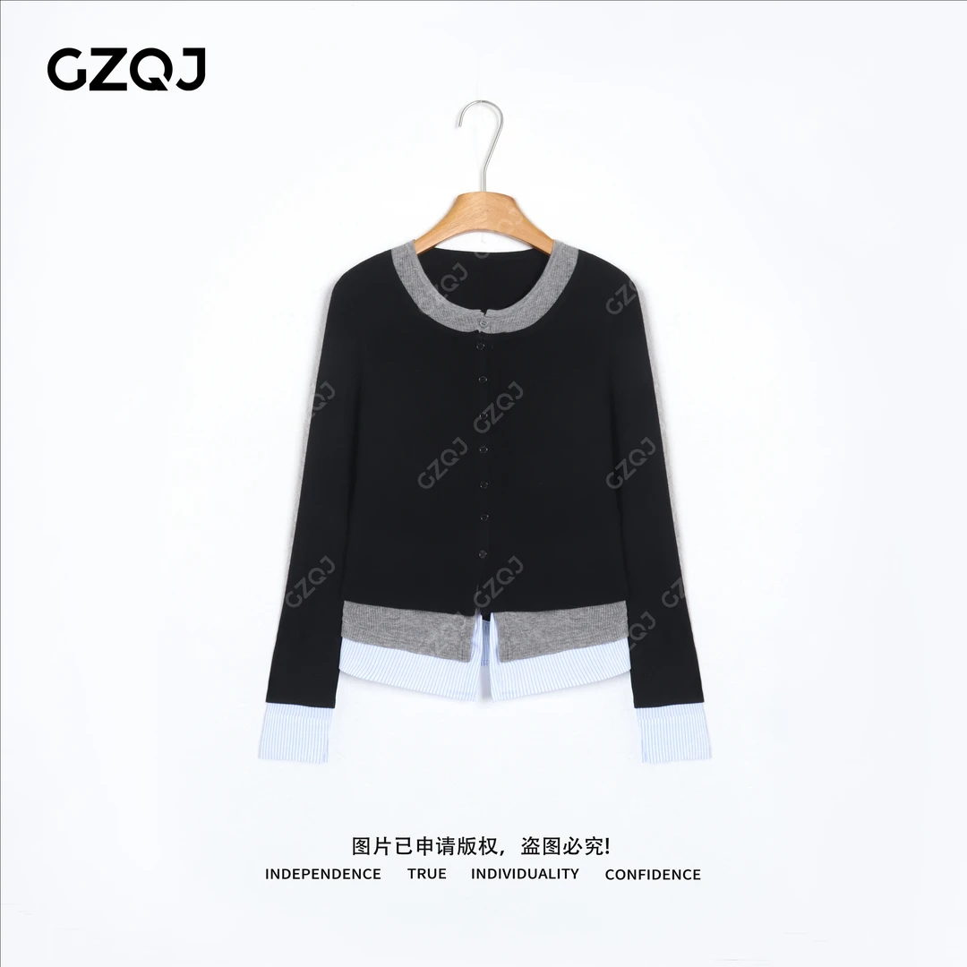 老琴私服【浪漫笔记】设计师圆领撞色假三件针织开衫女秋73139