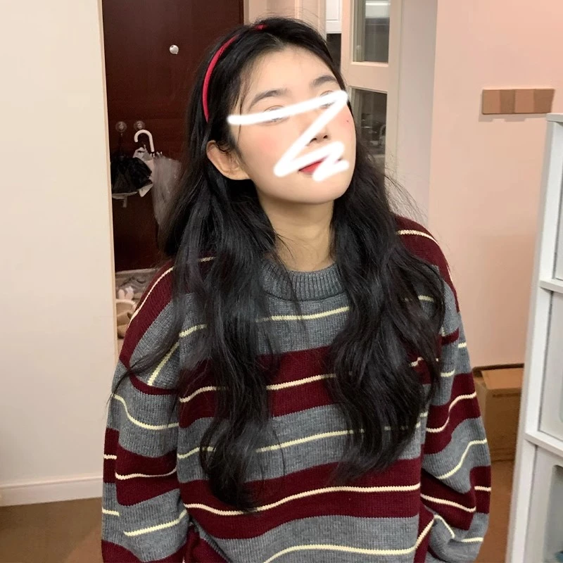 条纹圆领套头毛衣女秋冬季2024新款慵懒高级感宽松内搭针织衫上衣