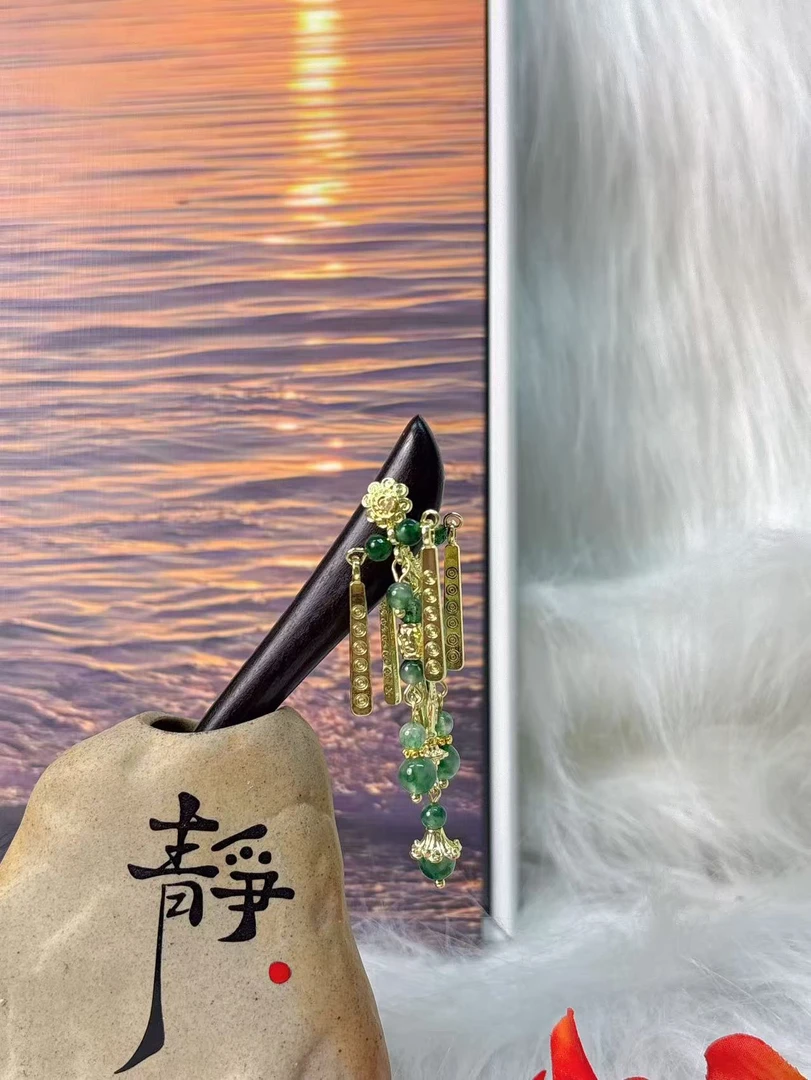 炑歌K342单簪原创墨绿彩云之南流苏款15公分发簪