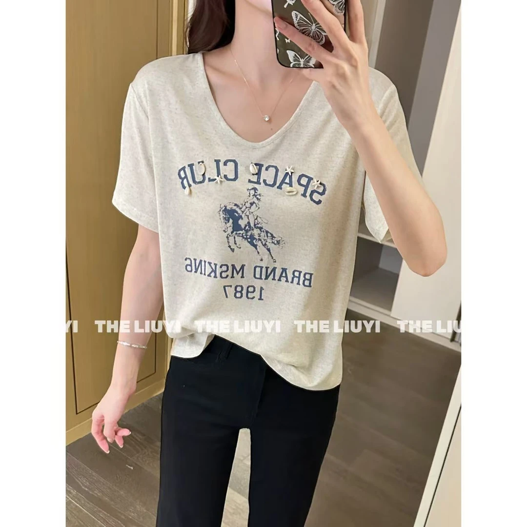 【LIUYI】亚麻T～夏季亚麻混纺重工U领T恤54306