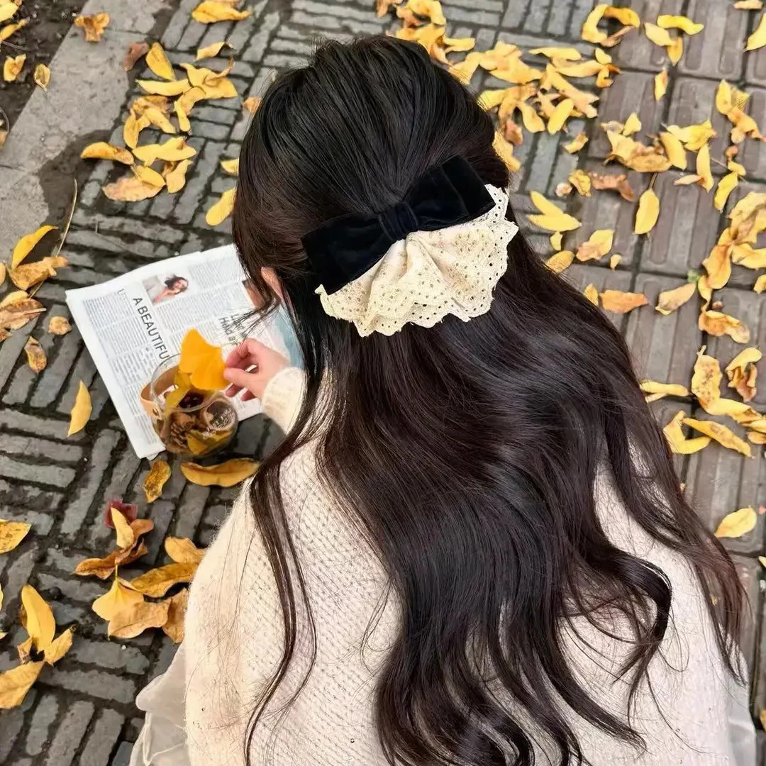 法式气质蝴蝶结蕾丝裙摆发夹女高级感后脑勺半扎发夹子发卡头饰