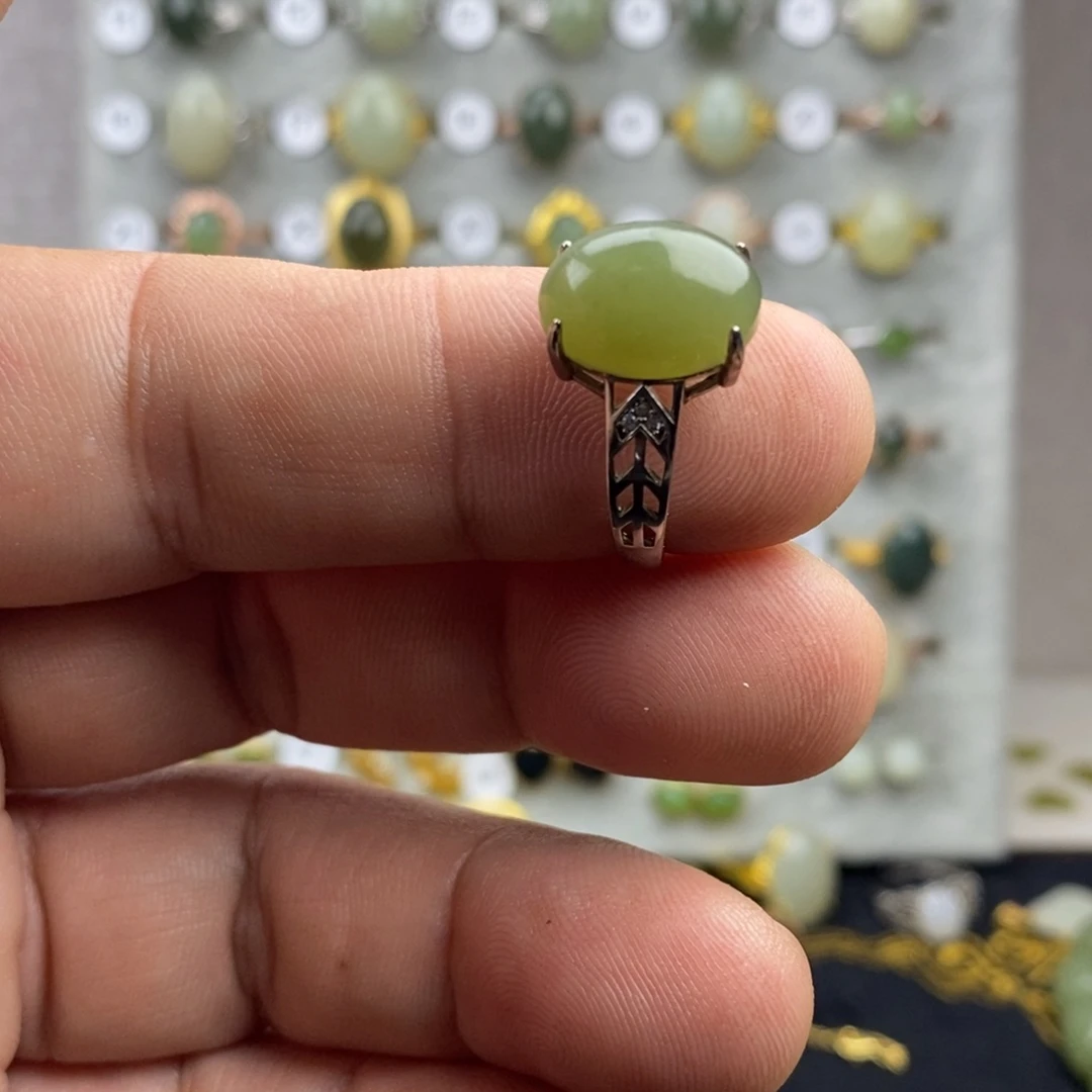 和田玉（青玉）银S925镀金镶嵌戒指