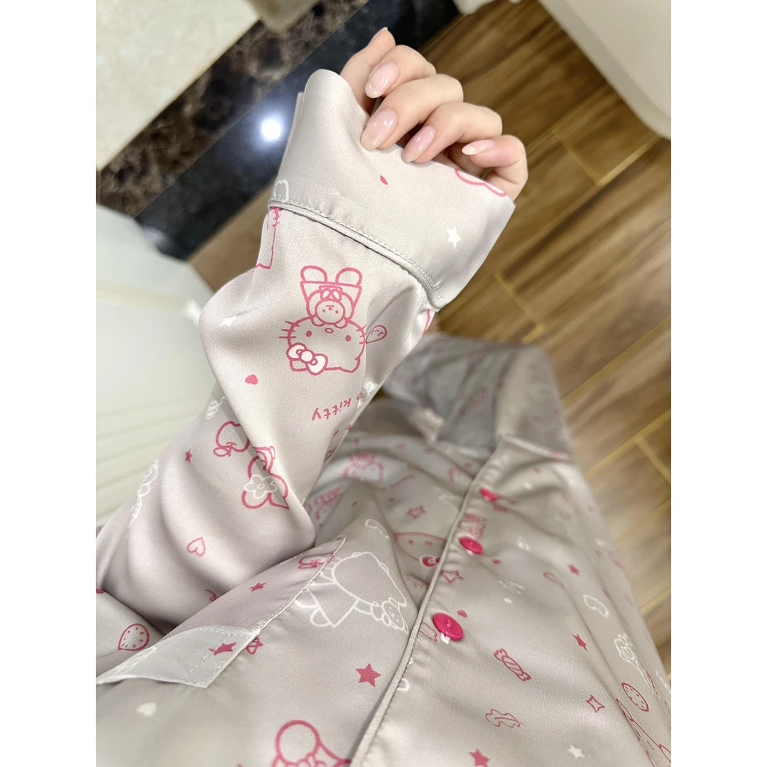 少女可爱银灰色Kitty睡衣女春秋季新款大码长袖家居服套装可外穿