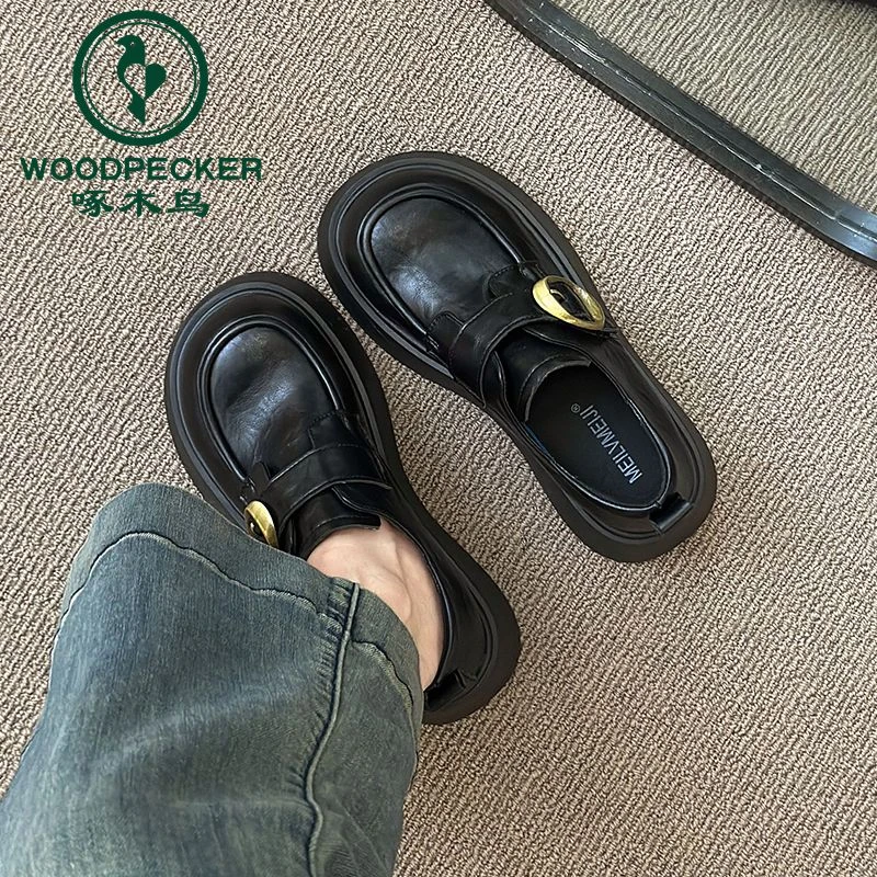 啄木鸟黑色小皮鞋女春季新款百搭厚底日系复古乐福鞋玛丽珍单鞋女