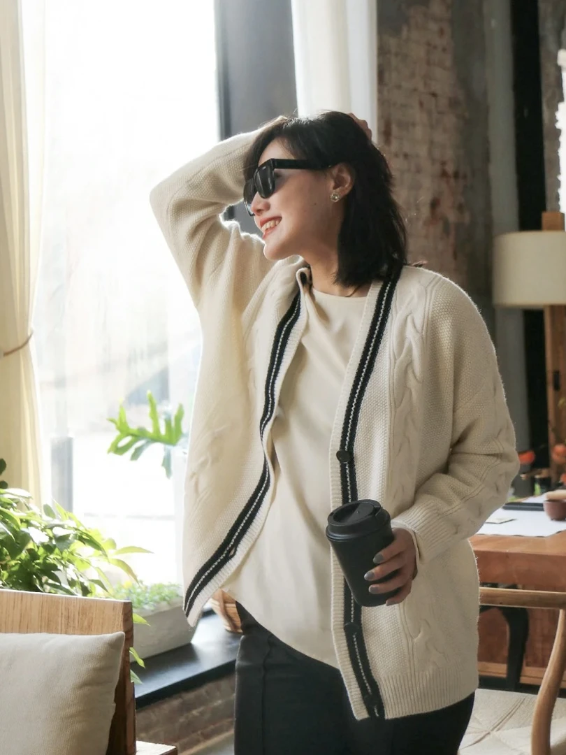 重工牛货！拼色条纹V领开衫宽松女毛衣编织外套9561