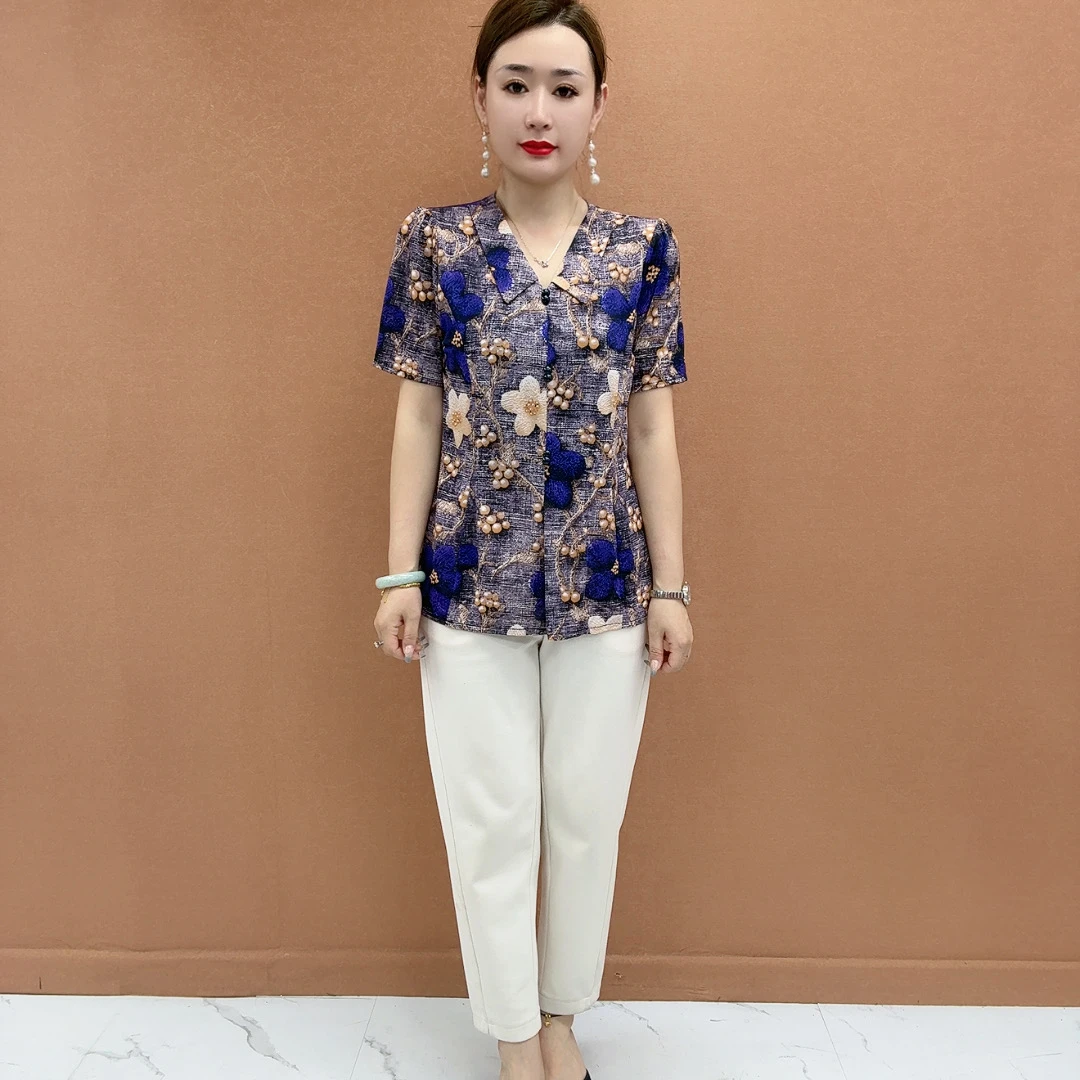 夏季新款时尚洋气气质减龄中老年妈妈显瘦百搭透气短袖小衫上衣