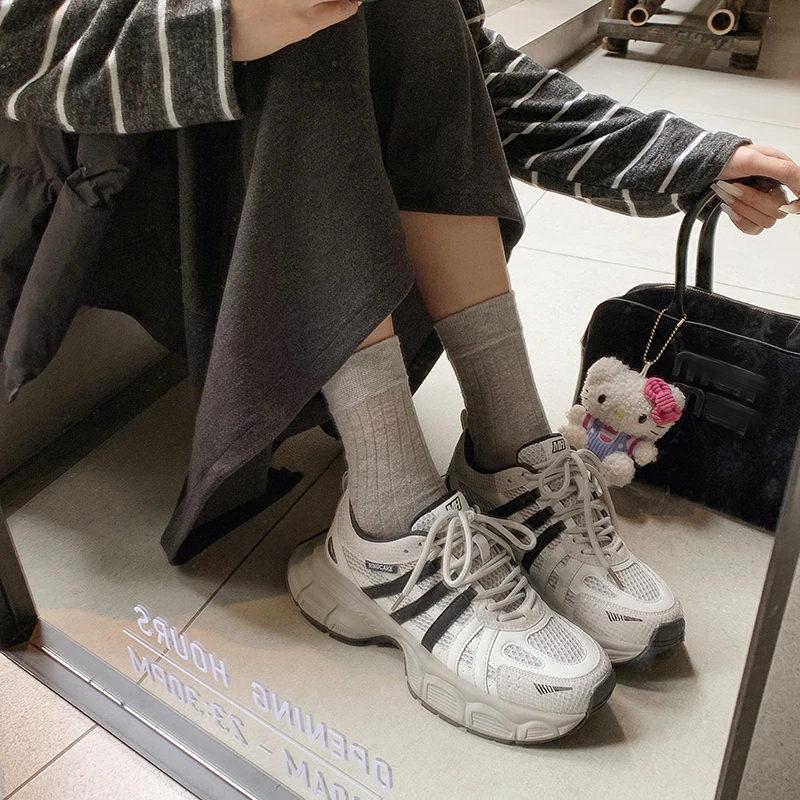 王端端|5CM网布透气老爹鞋学院风拼色系带百搭运动休闲鞋潮厚底鞋