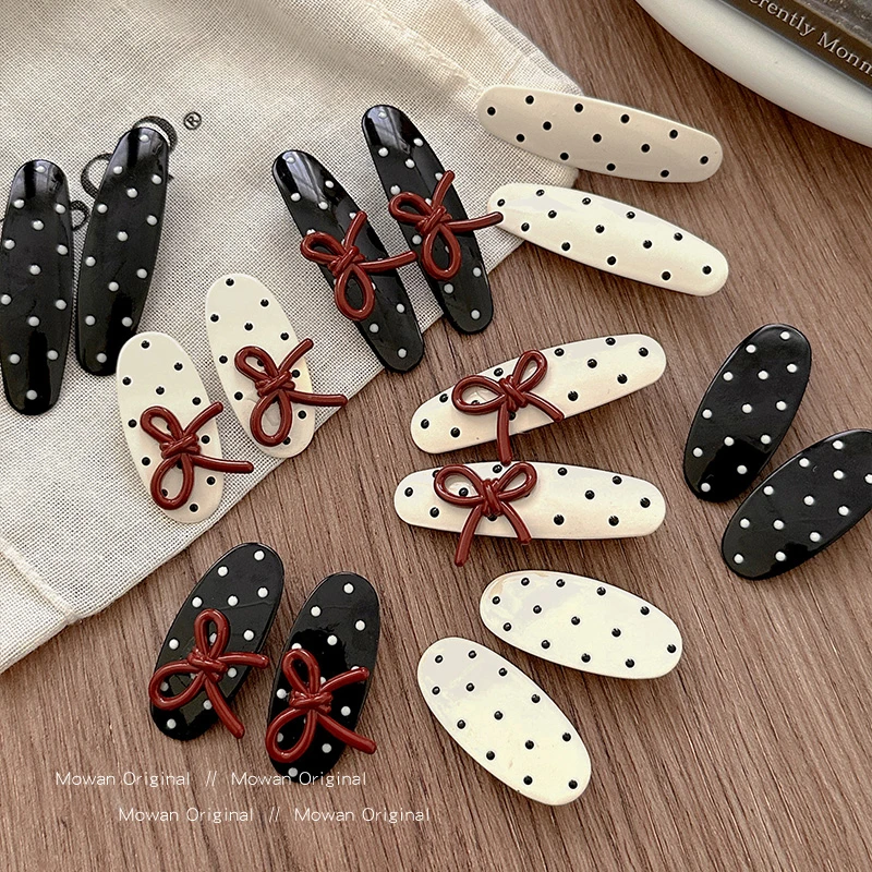 椭圆黑白波点蝴蝶结发夹女前额碎发刘海夹子边夹侧边发卡甜美发饰