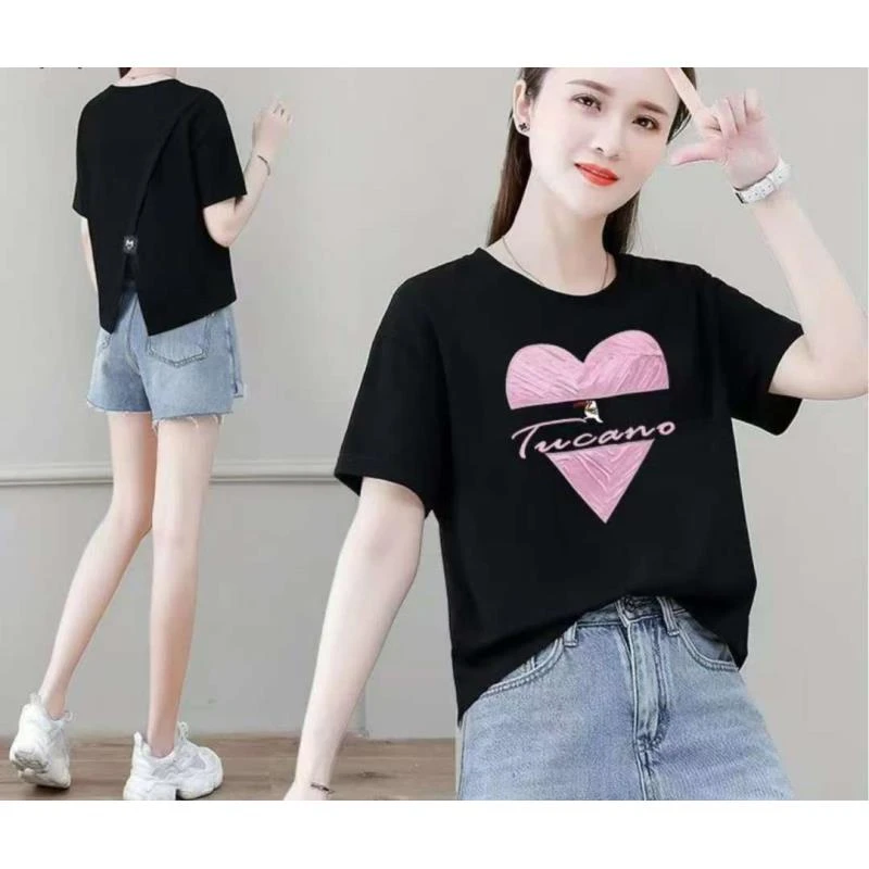 夏季新款时尚圆领后背开叉短袖T恤女百搭设计感洋气显瘦上衣